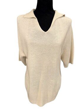 Uniqlo Beige Open Knit Lightweight Polo Sweater Womens L Linen Blend Minimalist